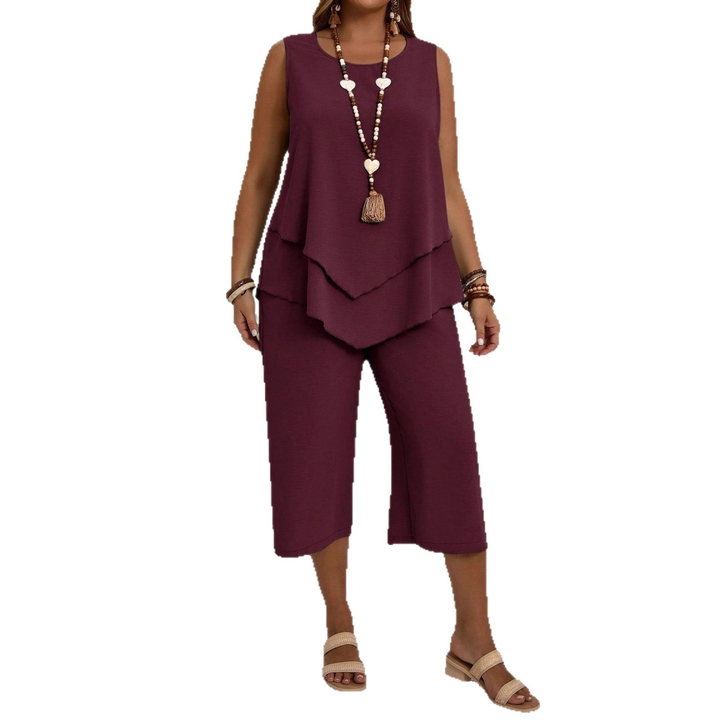 Women's Casual Solid-Colored Sleeveless Top And Cropped Pants Two-Piece Set