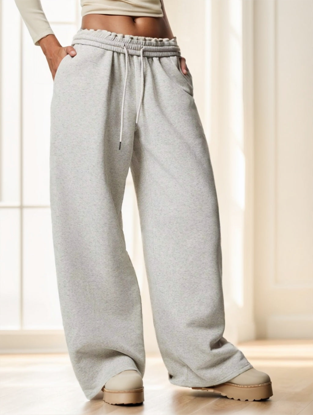 Forever 21 Autumn Winter New Thermal Lined Thick Casual Versatile High Waist Elastic Waist Loose Wide Leg  Sweatpants