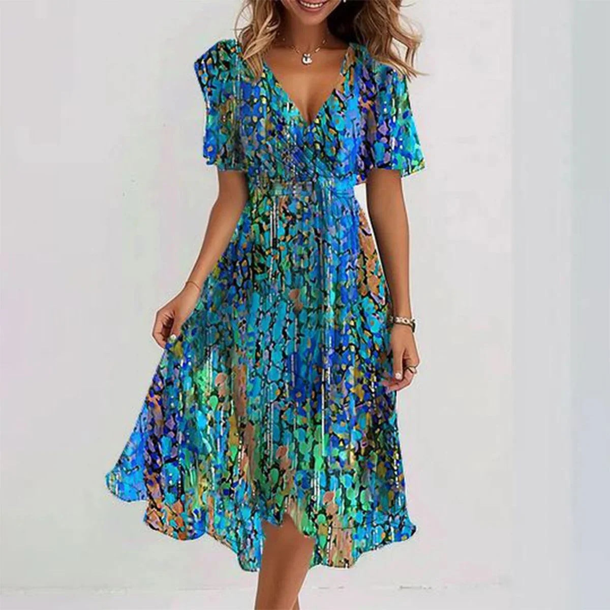 Chiffon Printed Short Sleeve Dress Summer Elegant V-neck Dresses Women Clothing