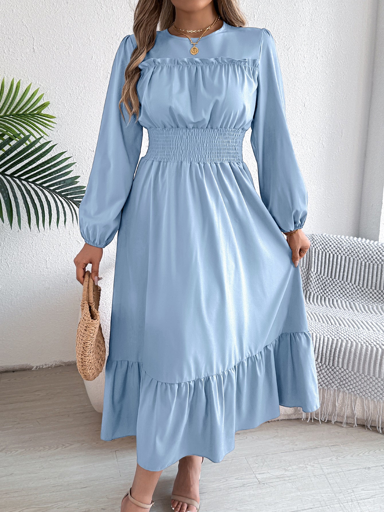 Women's Solid Colour Stringy Selvedge Cinched Pleated Long Dress