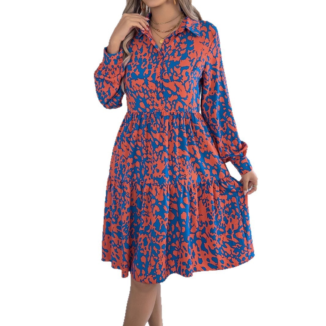 Casual Loose Contrast Colour Leopard-print Long-sleeved Shirt Dress