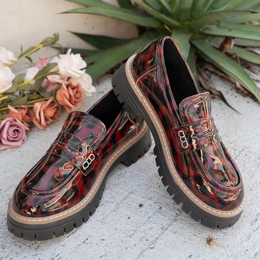 New Autumn Leather Belt-Buckle Patent Leather Leopard-Print Vintage Womens Shoes
