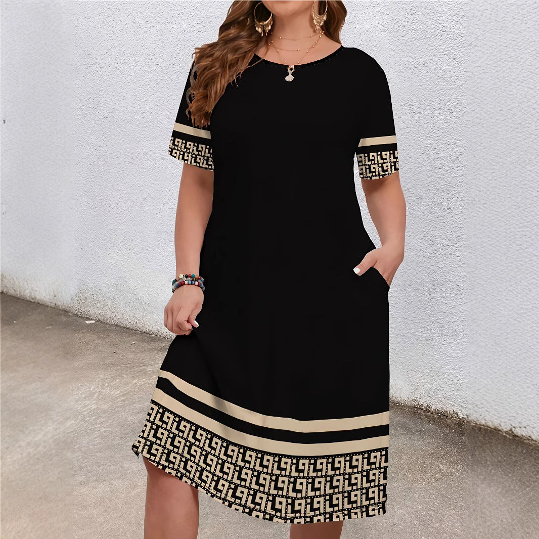 Comfortable Round Neck Fashion Elegant Contrast Colour Short Sleeve Dress