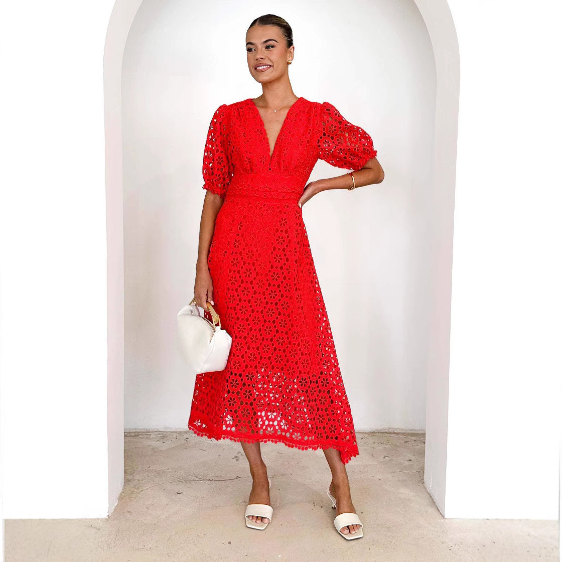 V-neck Sexy Waist Solid Colour Lace Hollow Maxi Dress