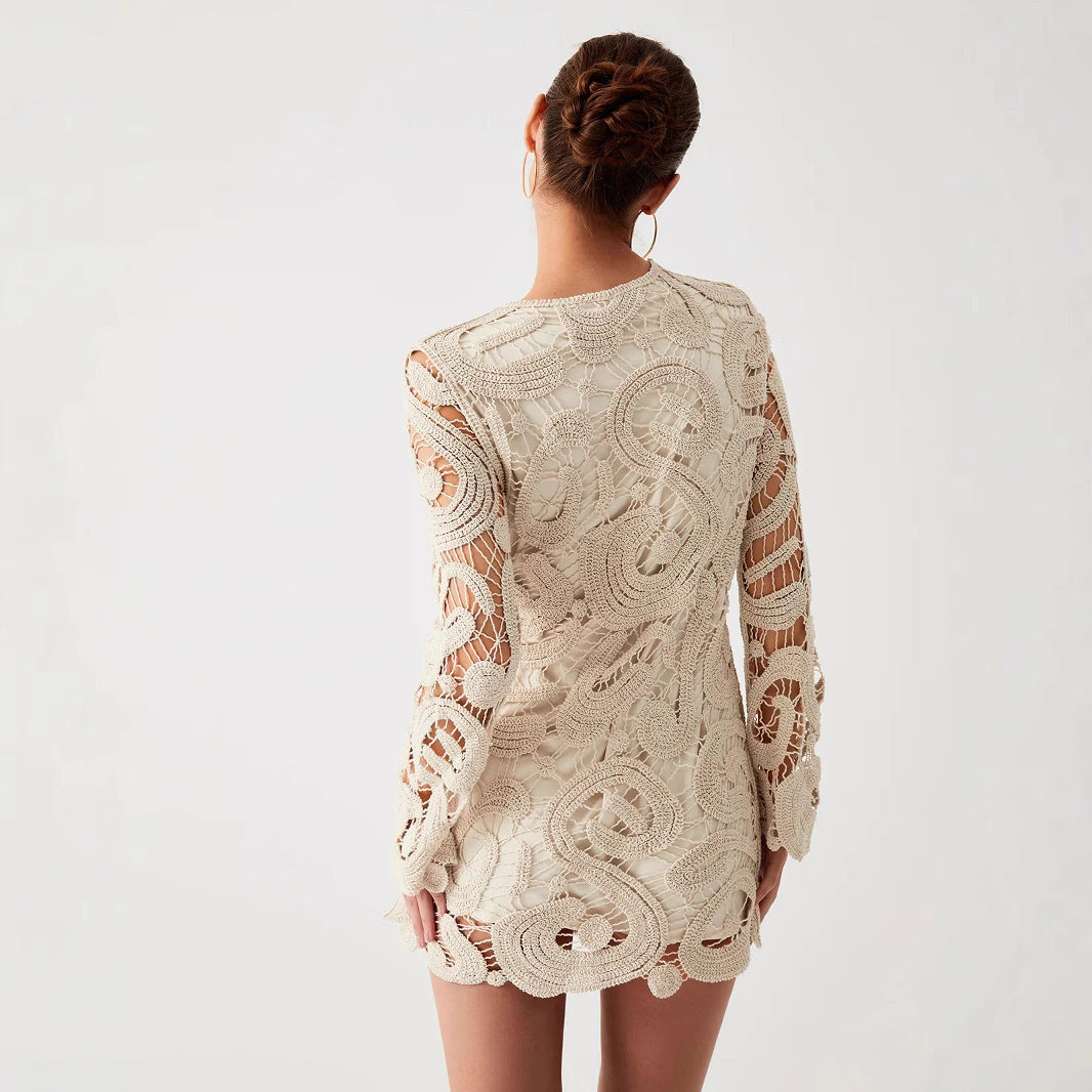 Two-colour Crochet Woven Hollowed Short Knitted Dress