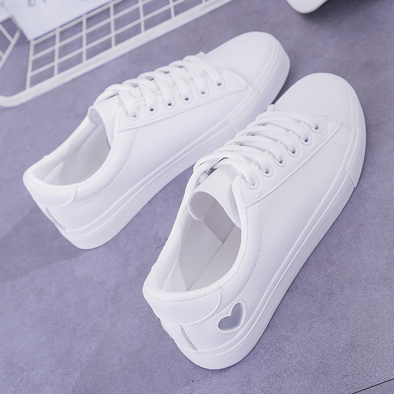 New Woman PU Leather Shoes Ladies Breathable Cute Heart Flats Casual Shoes White Sneakers