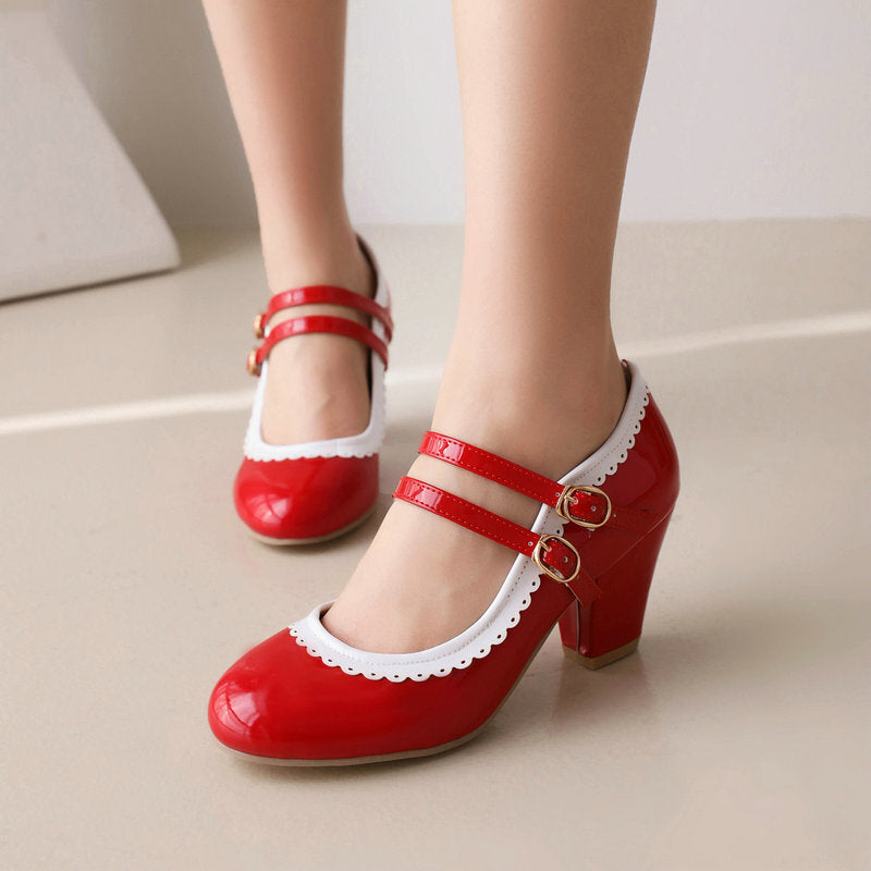 Womens Round-toe Patent Leather Chunky-heeled High Heels In Candy Colors