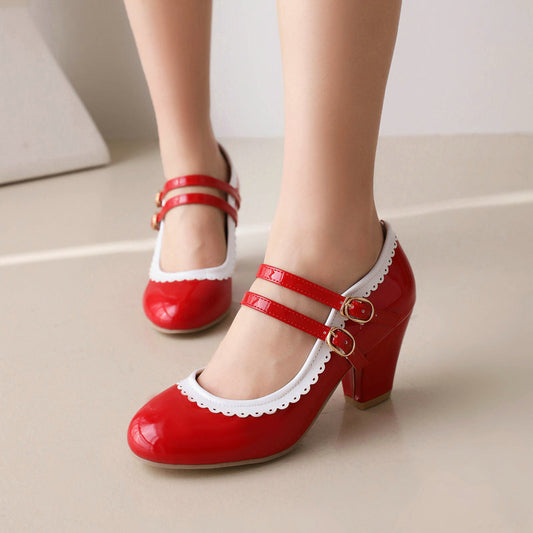 Womens Round-toe Patent Leather Chunky-heeled High Heels In Candy Colors