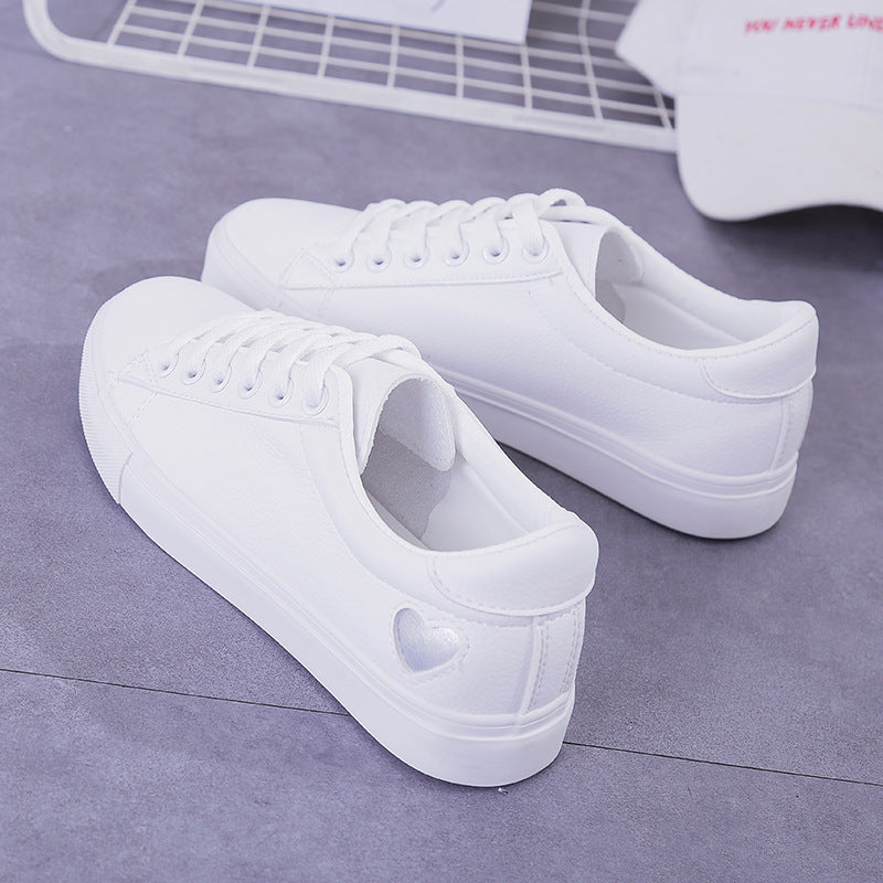 New Woman PU Leather Shoes Ladies Breathable Cute Heart Flats Casual Shoes White Sneakers