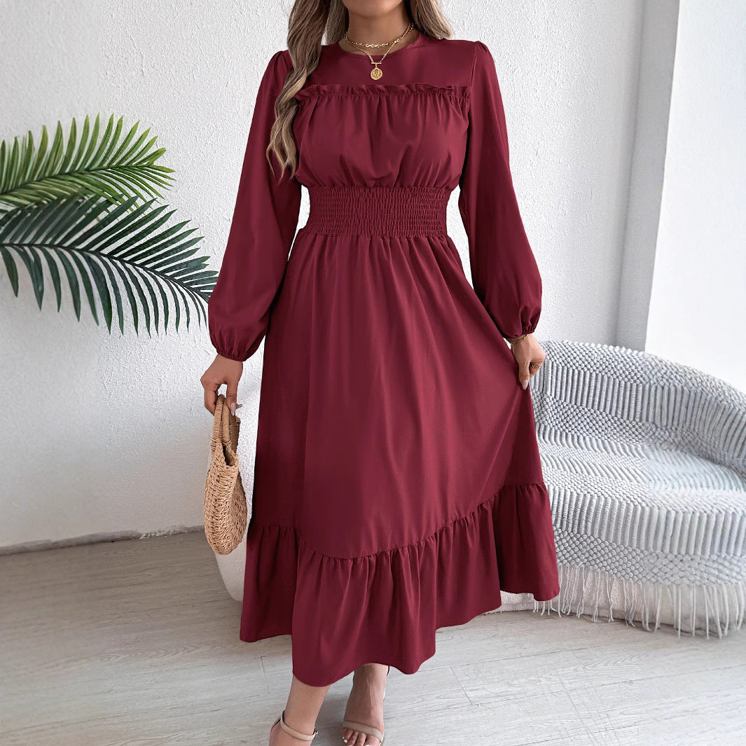 Women's Solid Colour Stringy Selvedge Cinched Pleated Long Dress