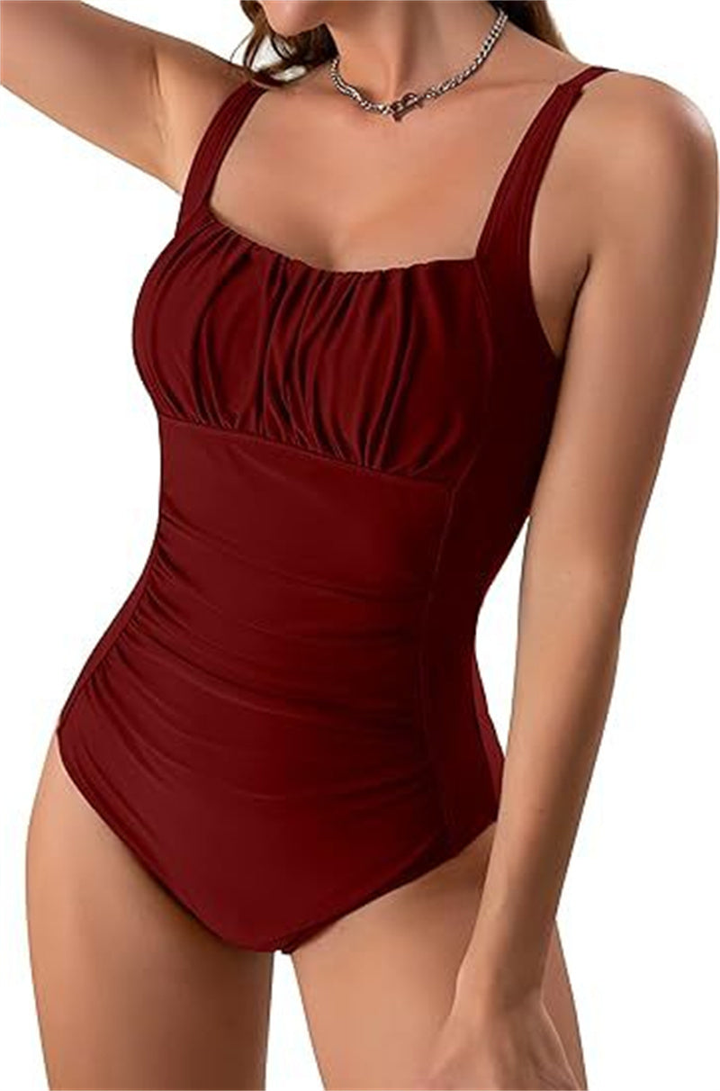 Sexy Square Neck One-piece Bikini Summer New Solid Colour Pleated Design Swimsuit Beach Vacation Women Clothing