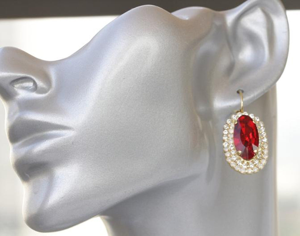 Golden Red Oval Gemstone And White Diamond Earrings