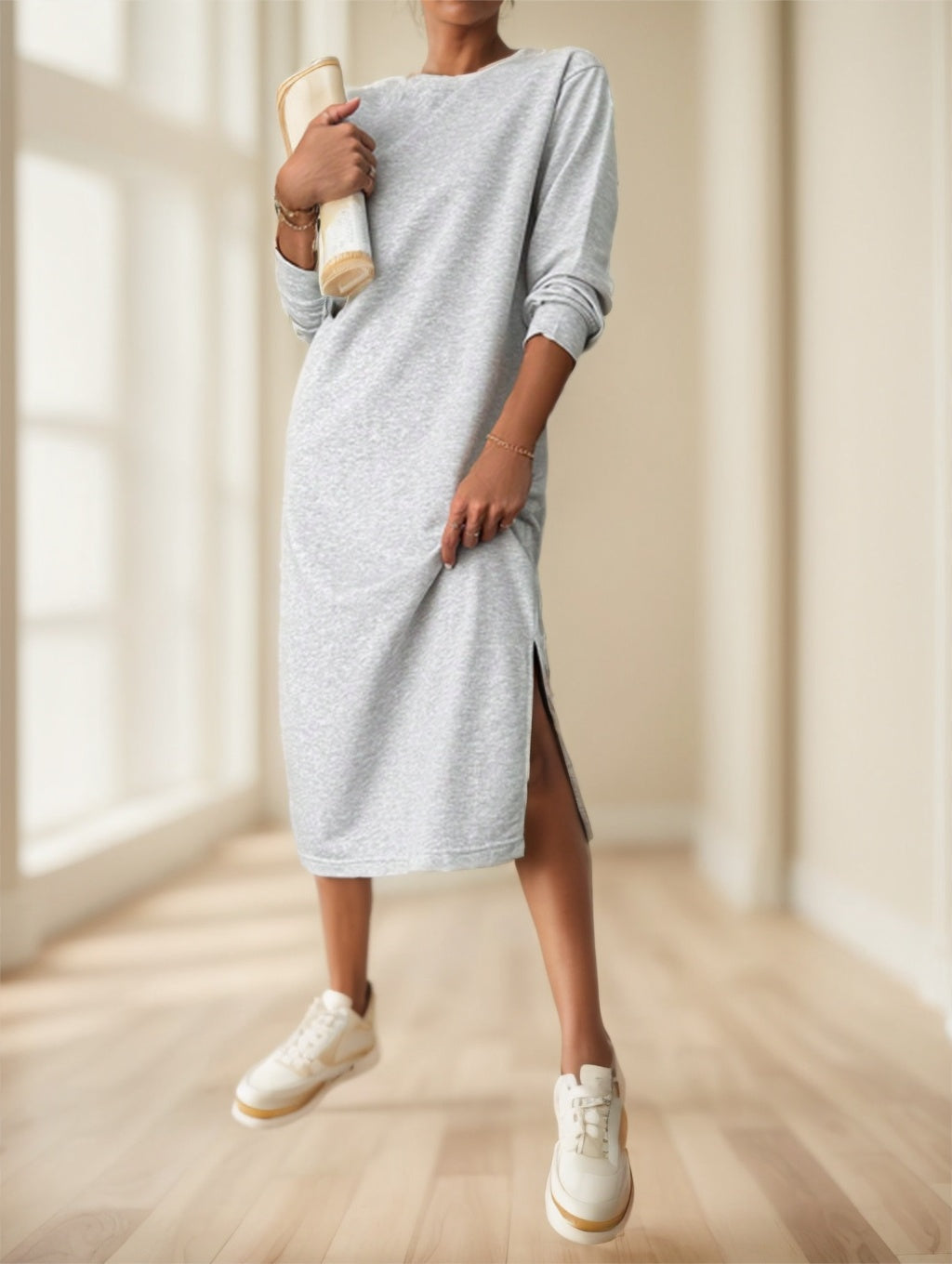 Cotton Solid Split Hem Sweatshirt Dress