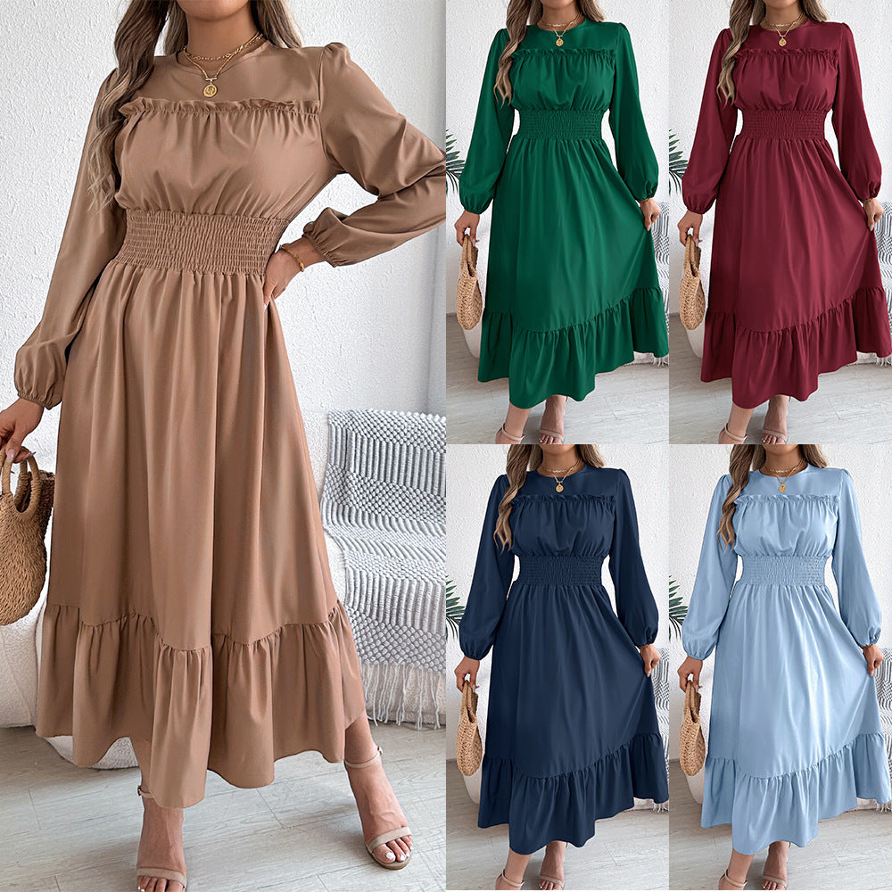 Women's Solid Colour Stringy Selvedge Cinched Pleated Long Dress
