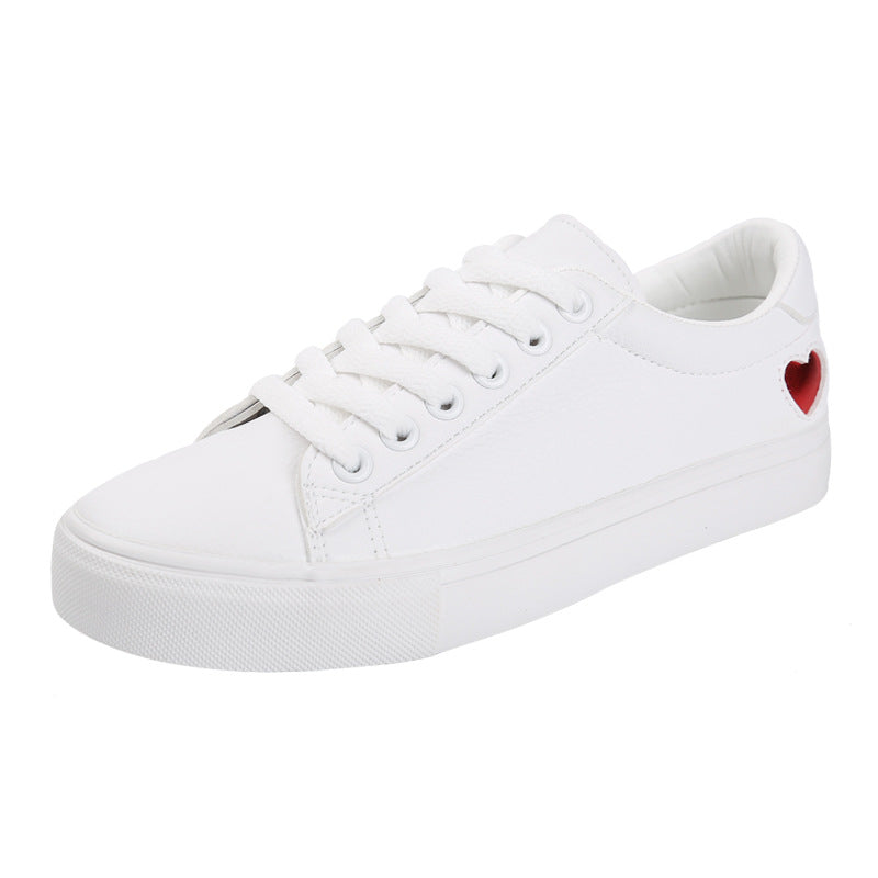 New Woman PU Leather Shoes Ladies Breathable Cute Heart Flats Casual Shoes White Sneakers