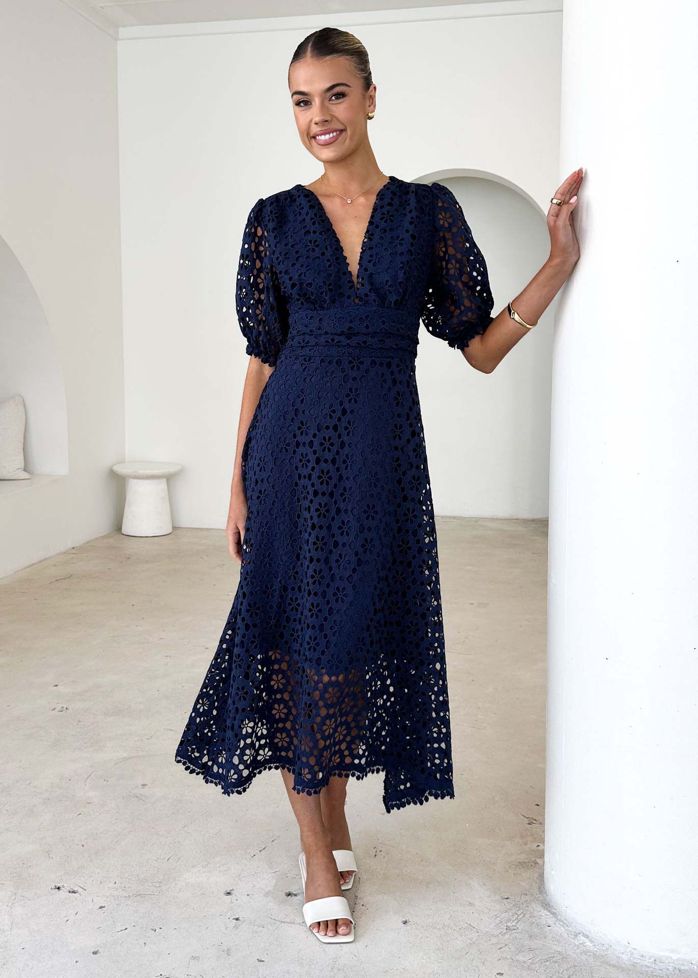 V-neck Sexy Waist Solid Colour Lace Hollow Maxi Dress