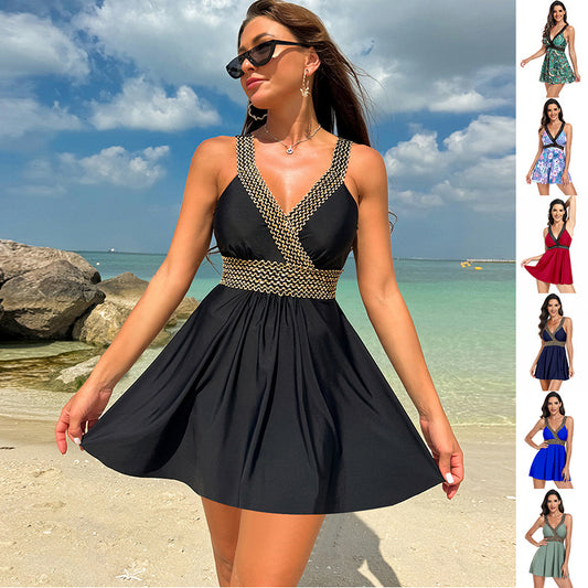 V-neck Printed Swimsuit Dress Summer Beach Vacation Bikini Fashion Women Clothing
