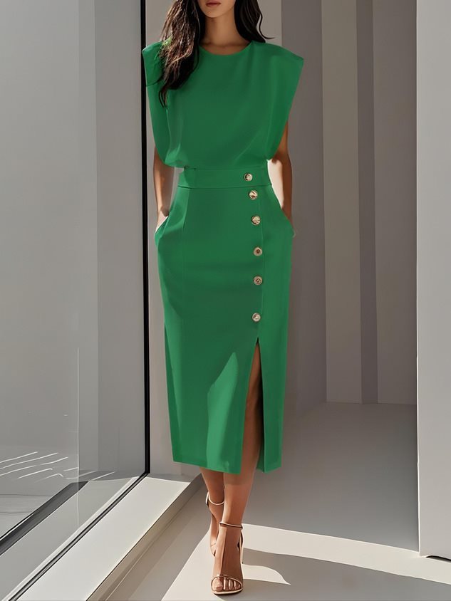 Split Metal Button Summer Dress Women