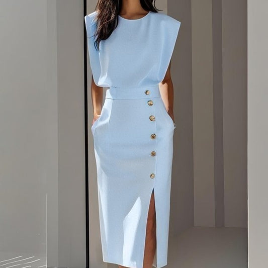 Split Metal Button Summer Dress Women