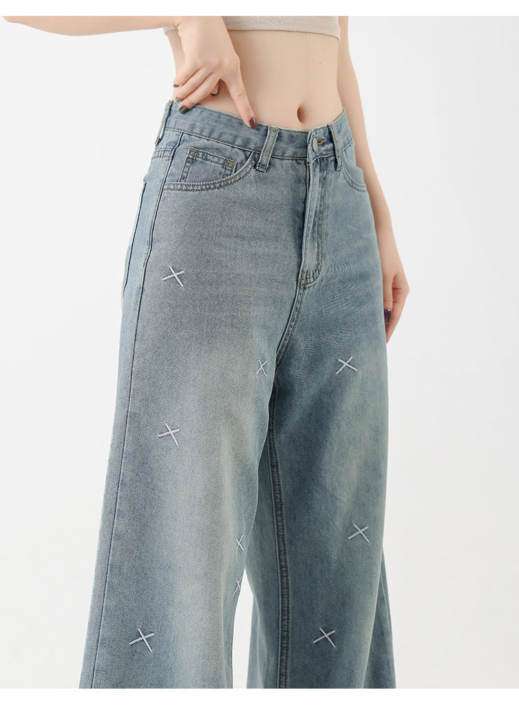 Women's Tencel Light Coloured Embroidered Wide Leg Jeans