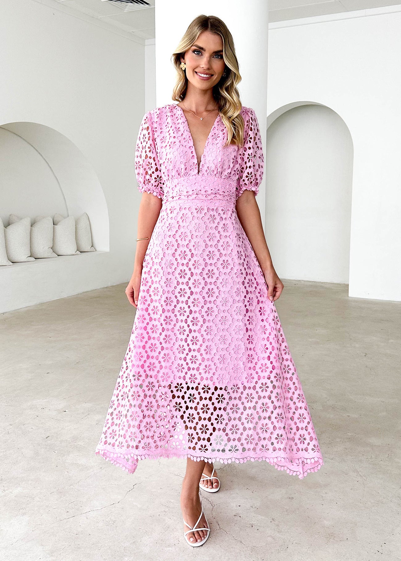 V-neck Sexy Waist Solid Colour Lace Hollow Maxi Dress