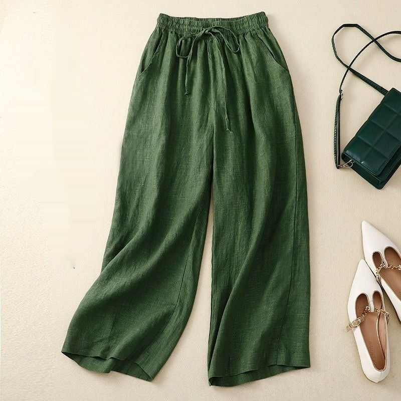 Retro Cotton And Linen Cropped Wide-leg Pants Women