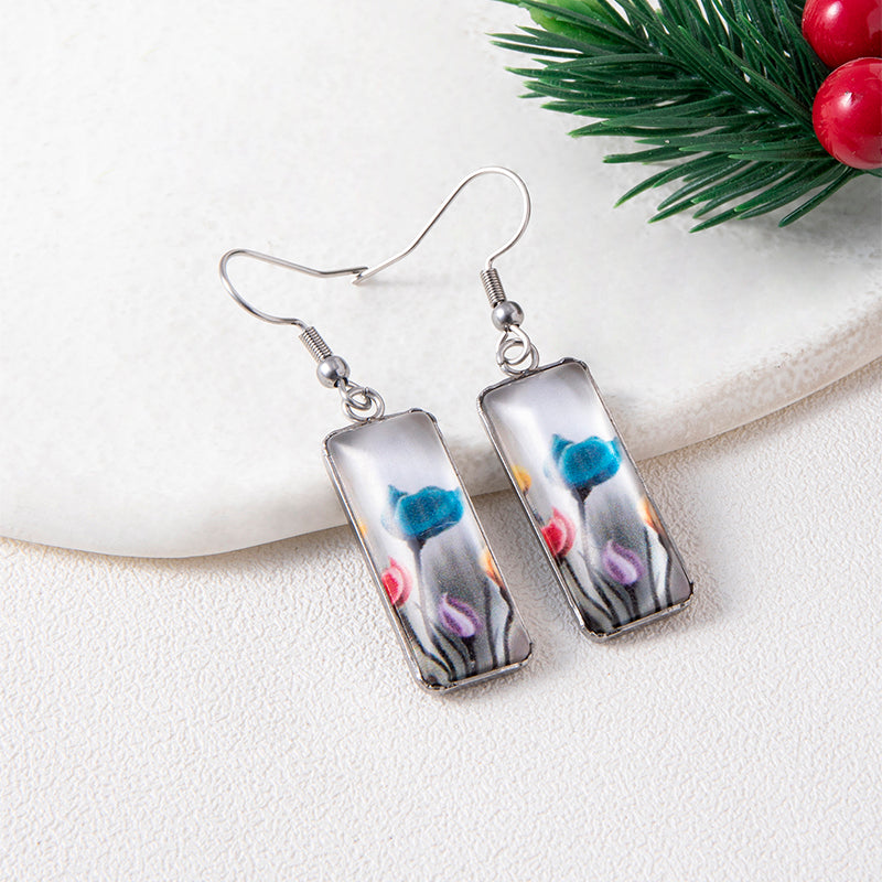 New Flowers Tulip Time Gemstone Dangle Earrings Creative Square Stainless Steel Earrings