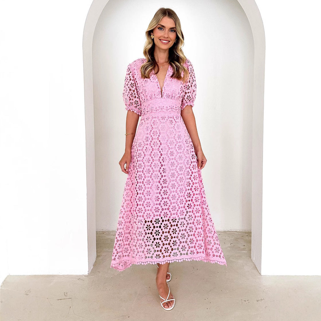V-neck Sexy Waist Solid Colour Lace Hollow Maxi Dress