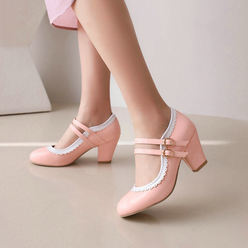Womens Round-toe Patent Leather Chunky-heeled High Heels In Candy Colors