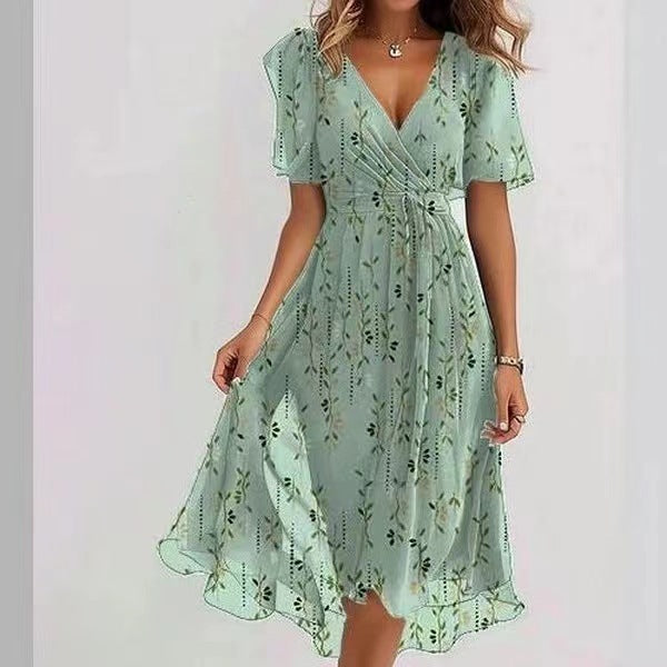 Chiffon Printed Short Sleeve Dress Summer Elegant V-neck Dresses Women Clothing