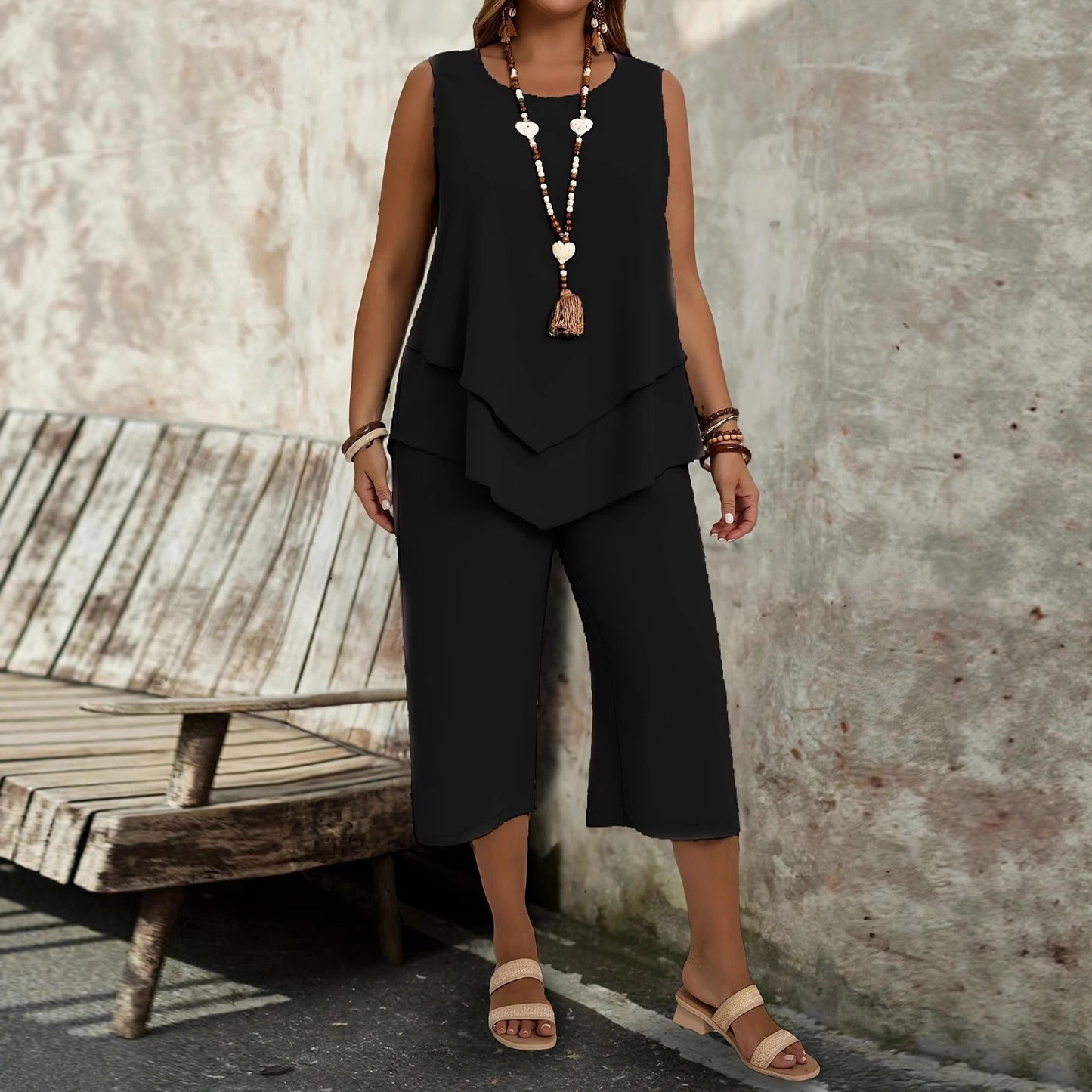 Women's Casual Solid-Colored Sleeveless Top And Cropped Pants Two-Piece Set