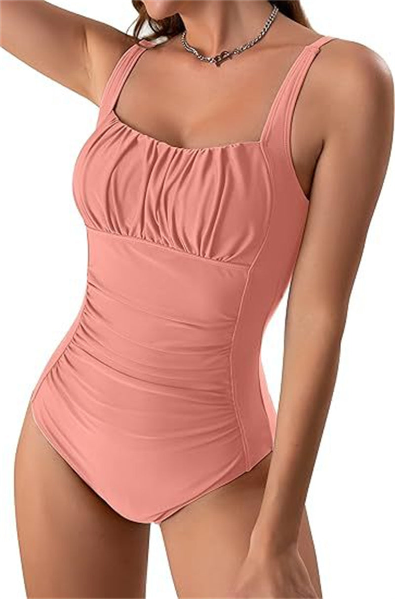 Sexy Square Neck One-piece Bikini Summer New Solid Colour Pleated Design Swimsuit Beach Vacation Women Clothing