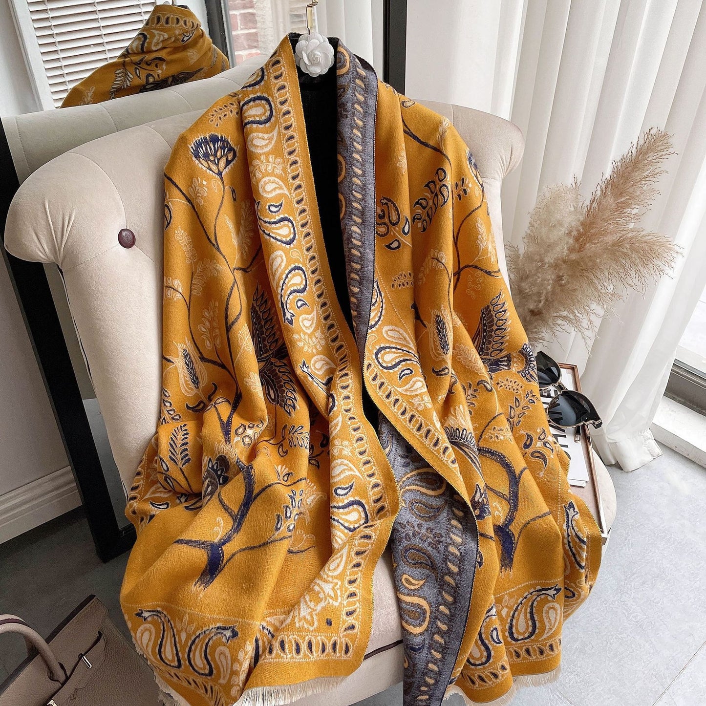 Women's Neck Warmer Office Blanket Cashmere-like Tassel Warm Scarf