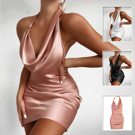 Women's Satin Party Dress V Neck Backless Mini Sleeveless Summer Party Dress