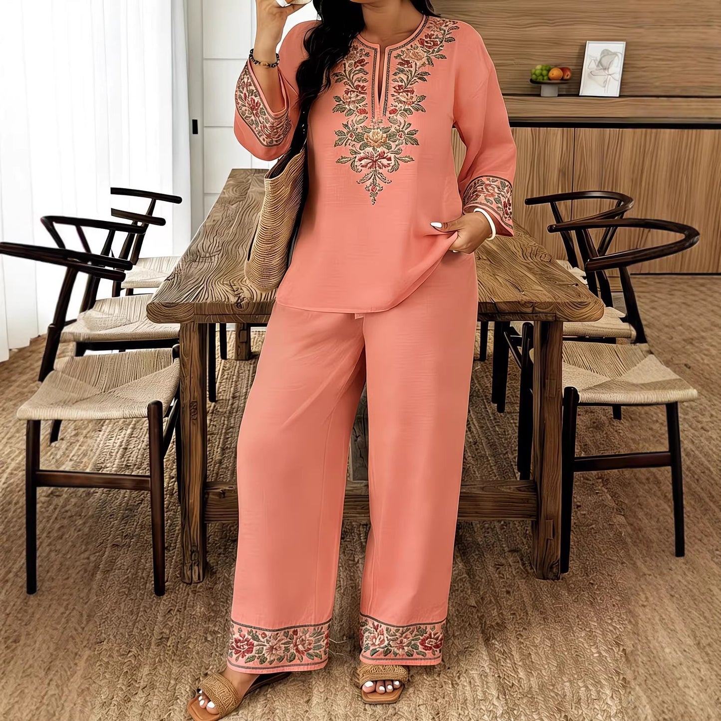 Long-sleeve Lace Floral Long-sleeve Ethnic-style Middle Eastern Set