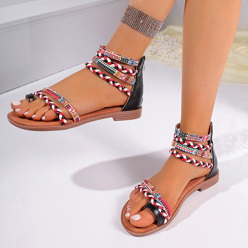 Ethnic Style Flat Sandals Summer Clip Toe Colourful Weave-strapped Shoes With Back Zipper Women's Bohemian Beach Shoes