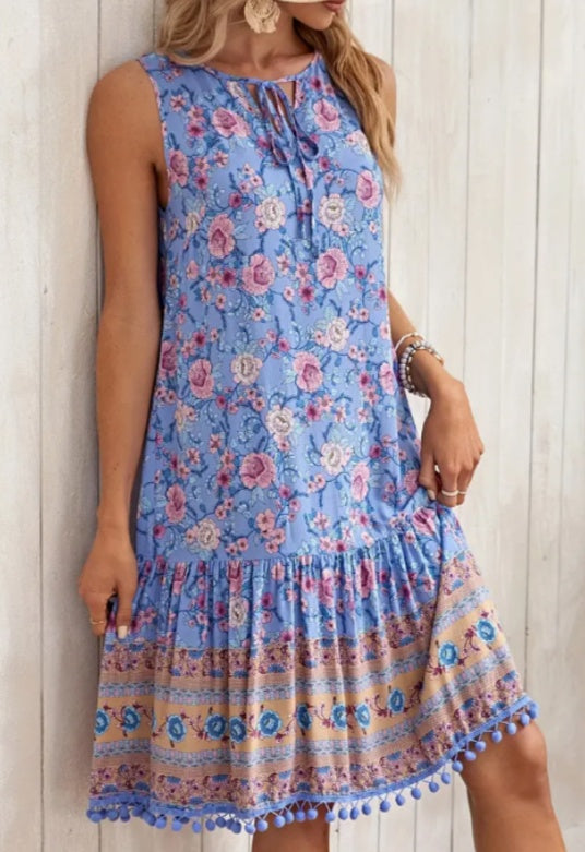Women's Floral Print Sleeveless Midi Dress With Tassel Hem