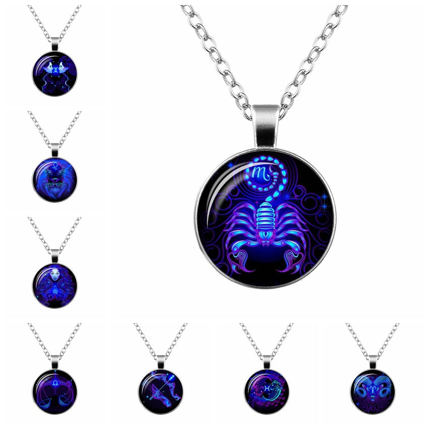 Twelve Constellation Time Gemstone Glass Pendant Necklace