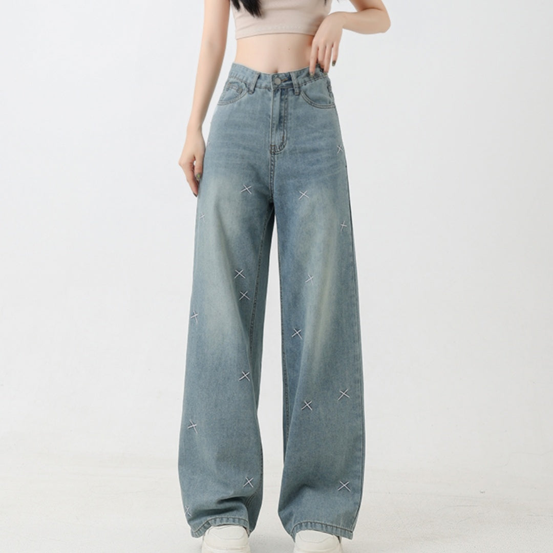 Women's Tencel Light Coloured Embroidered Wide Leg Jeans
