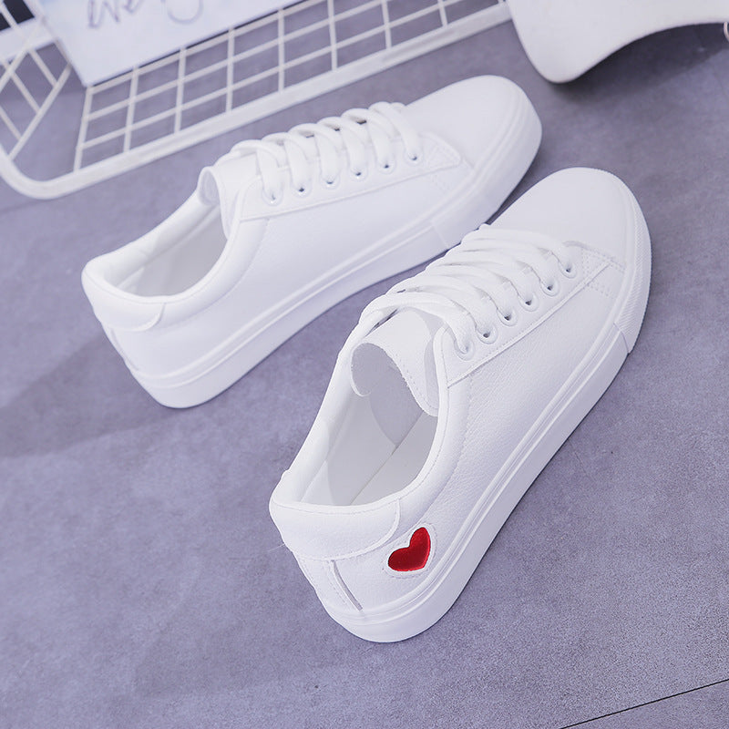 New Woman PU Leather Shoes Ladies Breathable Cute Heart Flats Casual Shoes White Sneakers
