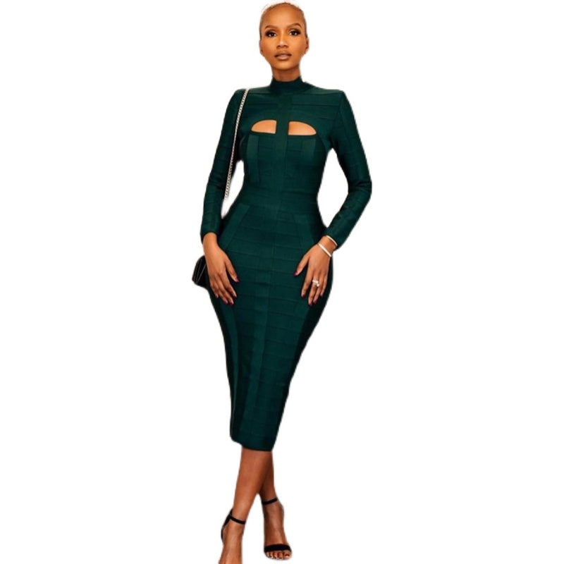 Women's Dark Green Stand Collar Long Sleeve Slim Fit Bandage Dress