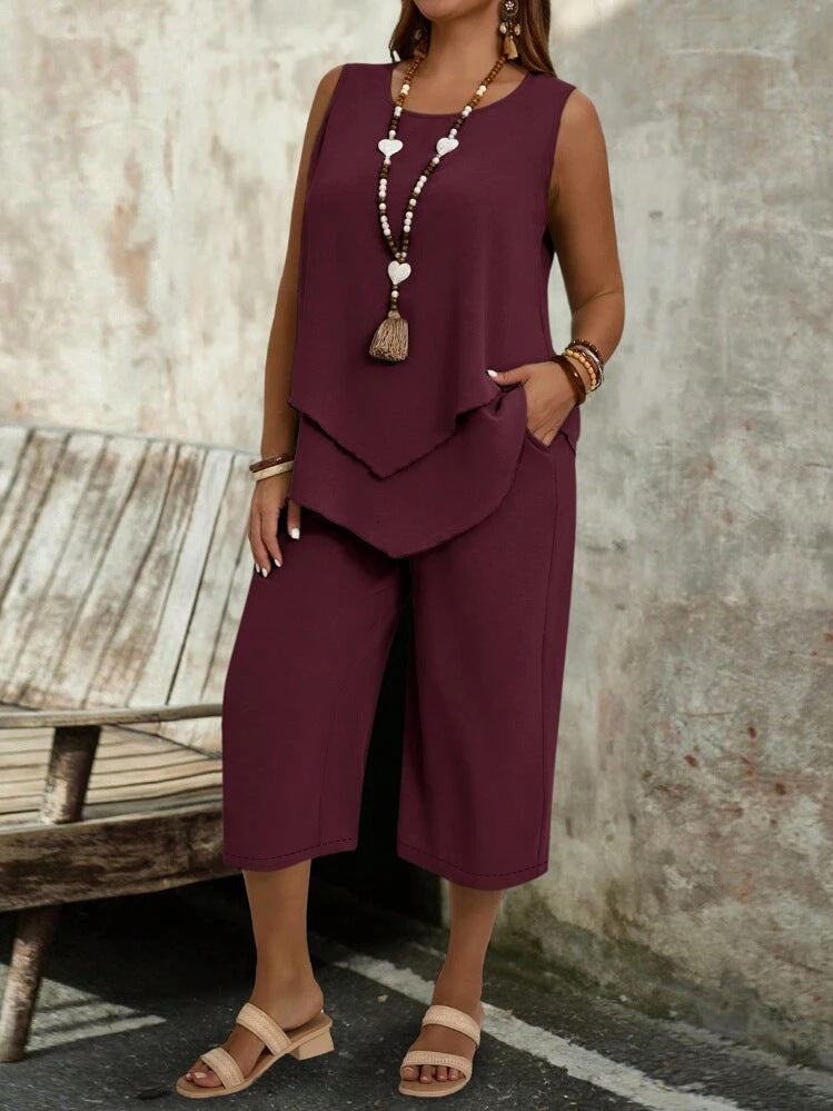 Women's Casual Solid-Colored Sleeveless Top And Cropped Pants Two-Piece Set