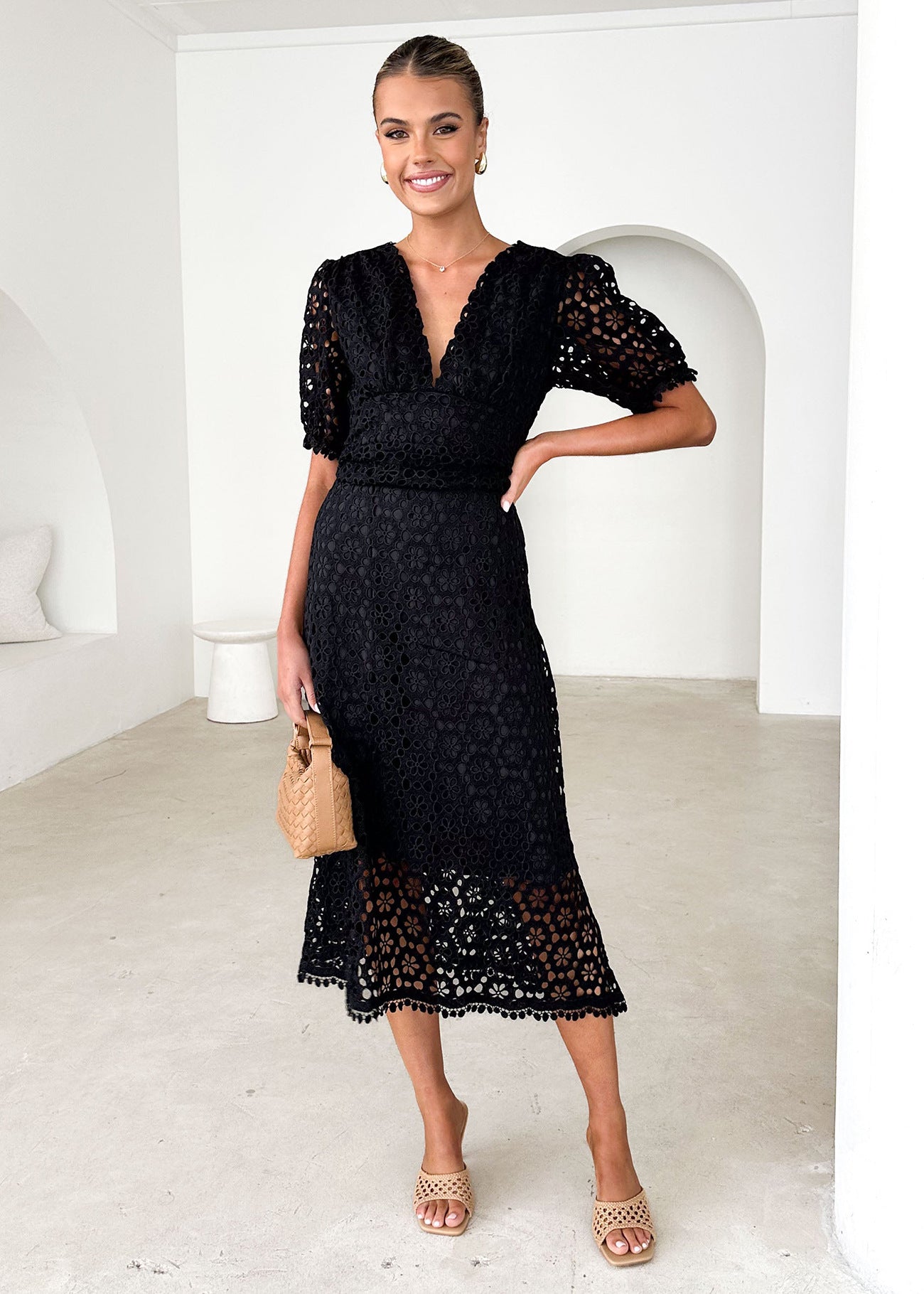 V-neck Sexy Waist Solid Colour Lace Hollow Maxi Dress