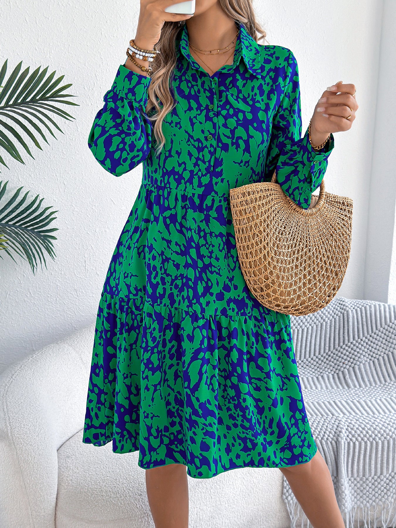 Casual Loose Contrast Colour Leopard-print Long-sleeved Shirt Dress
