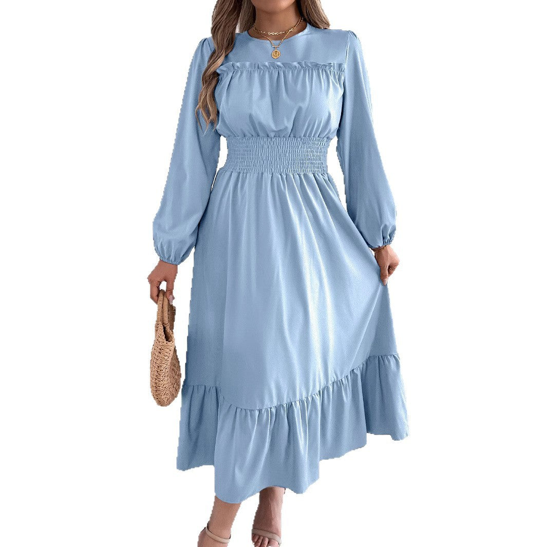 Women's Solid Colour Stringy Selvedge Cinched Pleated Long Dress