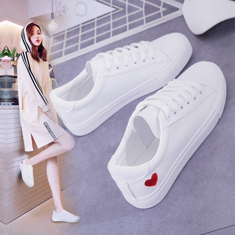 New Woman PU Leather Shoes Ladies Breathable Cute Heart Flats Casual Shoes White Sneakers