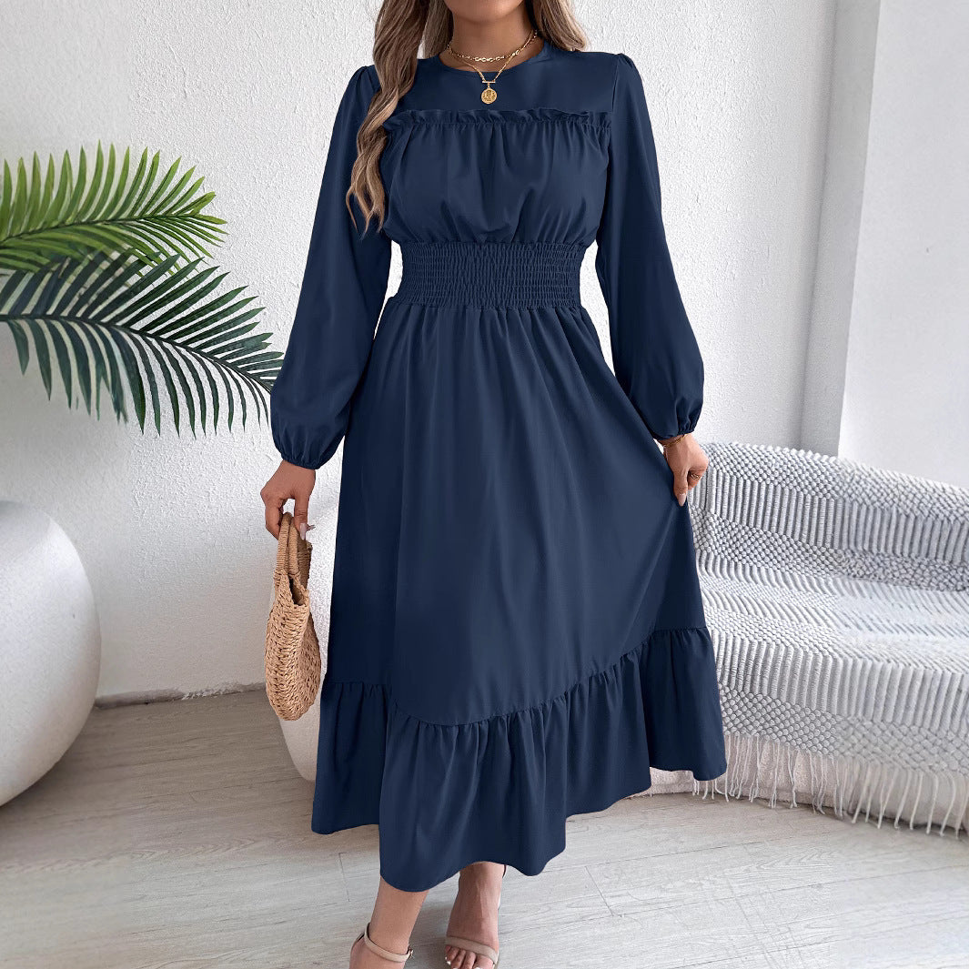 Women's Solid Colour Stringy Selvedge Cinched Pleated Long Dress