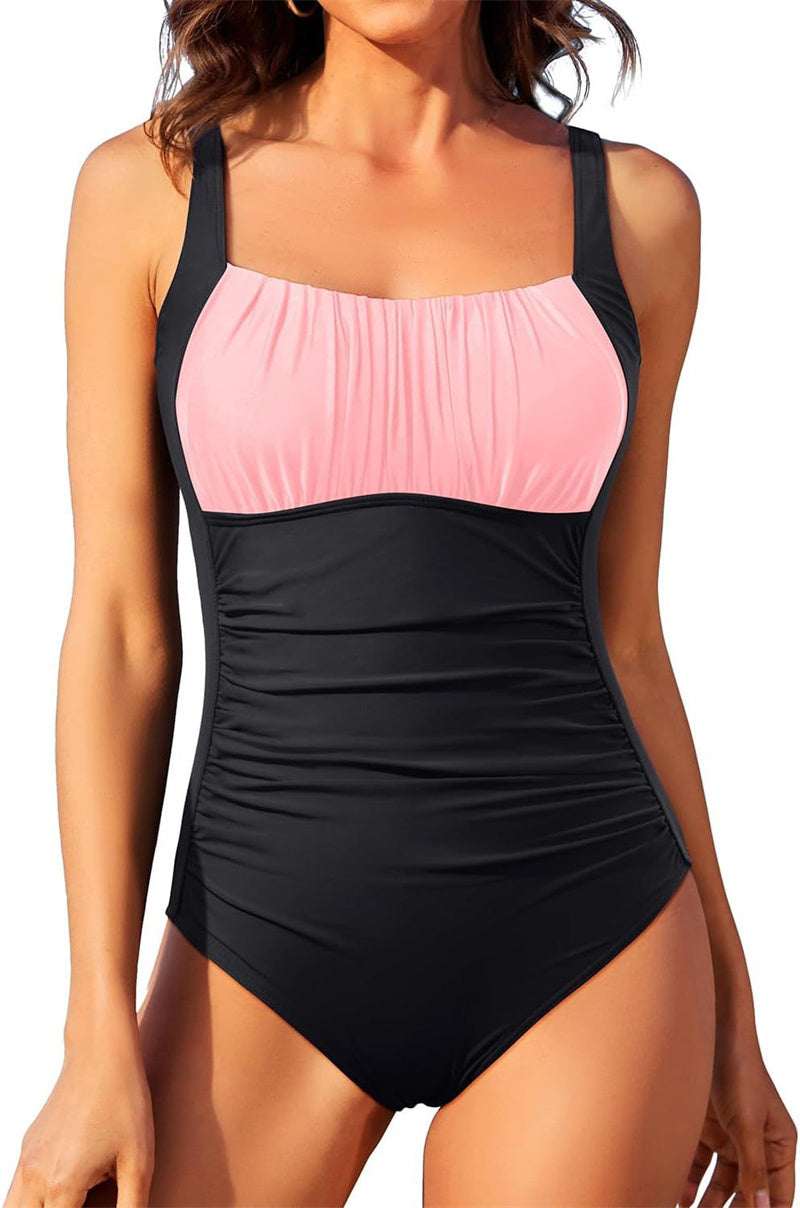Sexy Square Neck One-piece Bikini Summer New Solid Colour Pleated Design Swimsuit Beach Vacation Women Clothing
