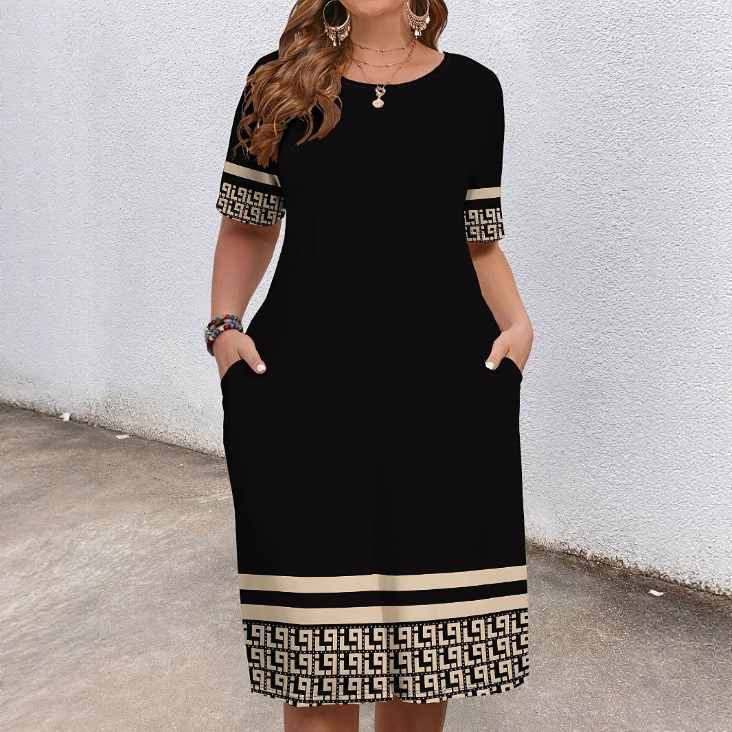 Comfortable Round Neck Fashion Elegant Contrast Colour Short Sleeve Dress