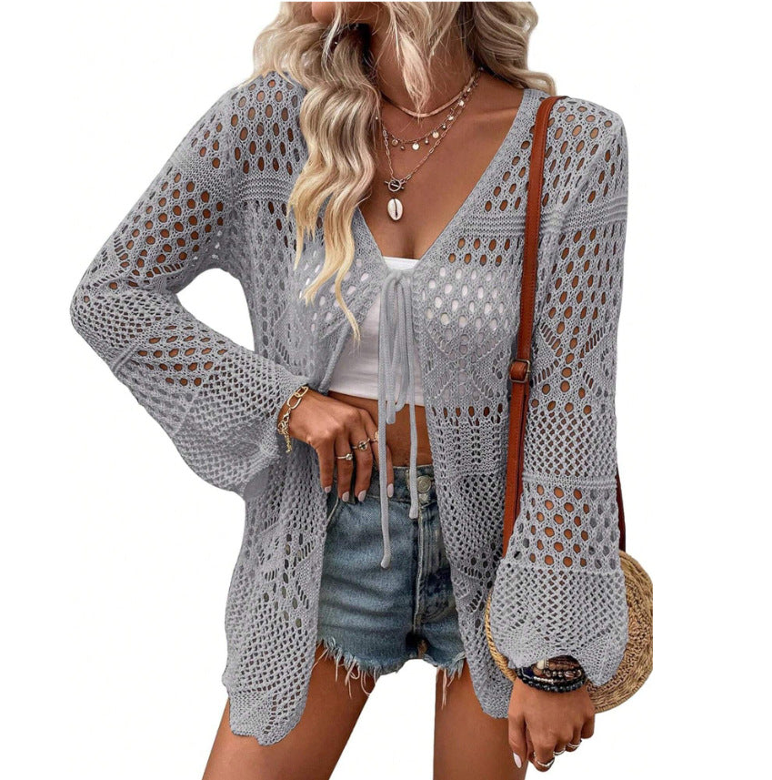 Solid-color Knitted Beach Cover-up Sun-protective Cardigan